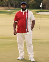 Men's Plus Size Casual Daily Simple Striped Red Spell White Short Sleeve POLO Trousers Suit